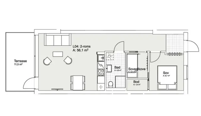2.etasje: Stue/kjøkken, 1 soverom, bod inntil
soverom, 1 innredet rom, bad/wc og entré/gang. Det er også en ekstern bod.