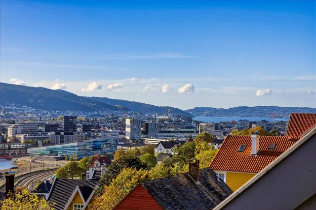 Utsikten strekker seg over Bergensdalen, Store Lungegårdsvannet, Kronstad, Bergen sentrum,
Solheimslien, Laksevåg, Løvstakken, Damsgårdsfjellet, Nattlandsfjellet, Askøy og deler av Byfjorden mm.