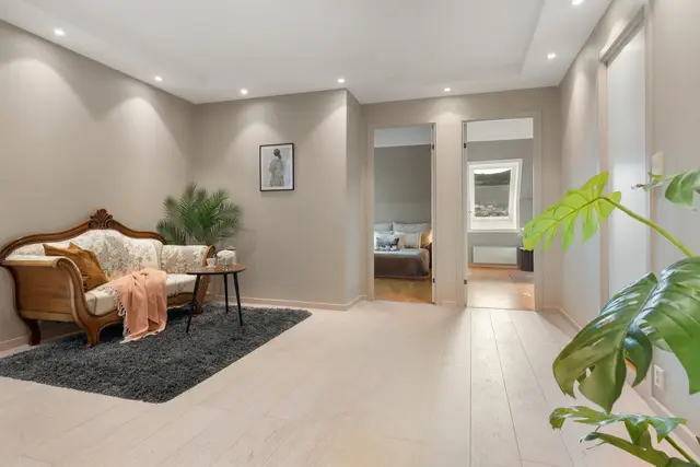 Koselig forstue med innfelte downlights i himlingen. Rommet kan eksempelvis benyttes til TV-stue.