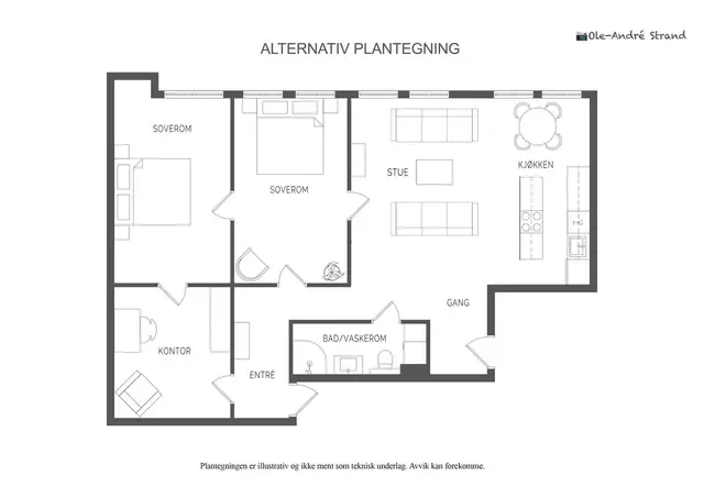 Dette er en alternativ planløsning til leiligheten (det er ikke gjort tekniske undersøkelser for en slik løsning)
